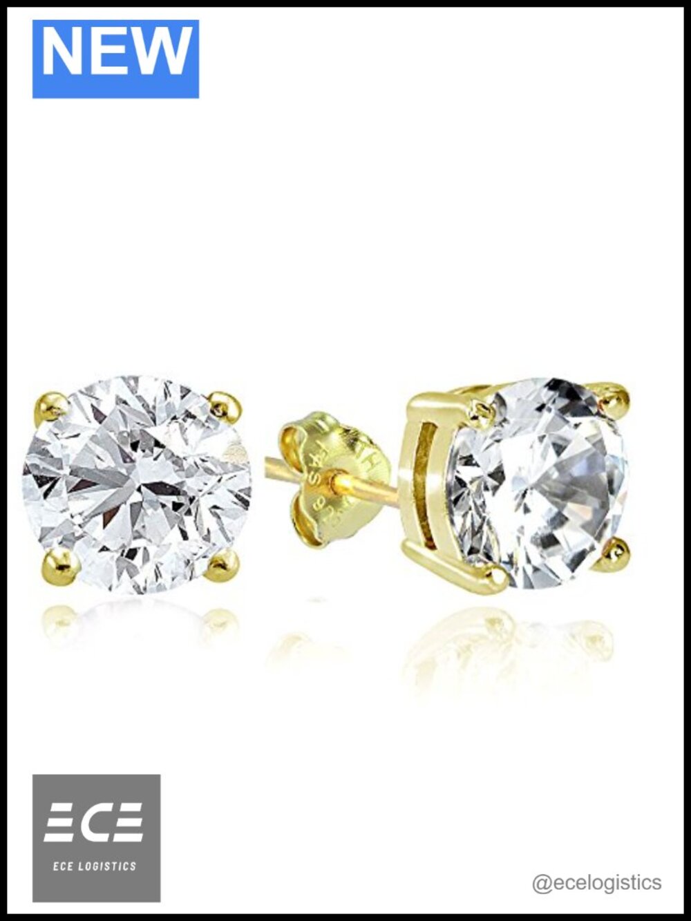 Sterling Silver Gold Flashed Silver Cubic Zirconia 10mm Round Stud Earrings